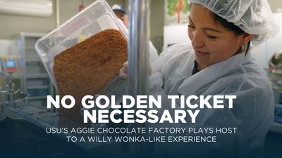 Text Reads: Aggie Chocolate Factory Hosts a Wonka-Like Experience.