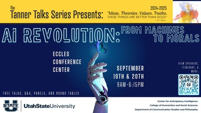 Text Reads: AI Revolution: From Machines to Morals. Free talks and panels. September 19th and 20th.