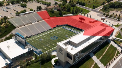 An aerial view of Maverik Stadium with the north concourse and northern seats highlighted in red.