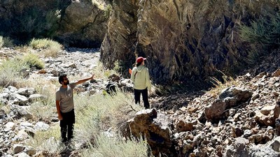 Geoscientists collecting rock samples near a cliff face.