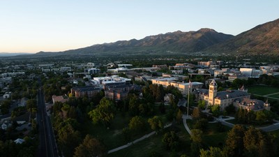 An aerial view of the USU Logan campus.