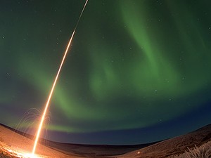 A NASA Oriole IV suborbital sounding rocket blasts off from the Poker Flat Research Range, Alaska to