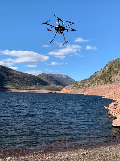 Capturing high resolution imagery over the rocky shoreline at Upper Stillwater reservoir.