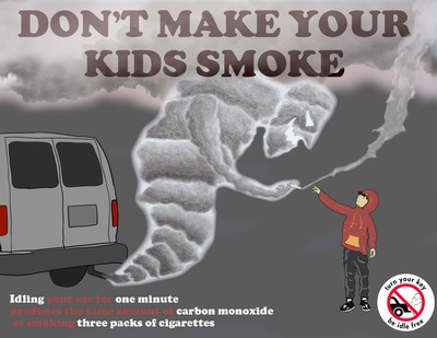 Text reads: Don't make your kids smoke. An illustrated exhaust cloud hands a kid a cigarette.