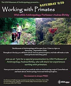 promotional poster for primate event at USU museum of anthropology