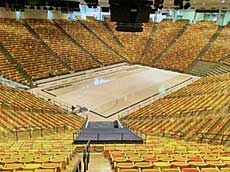 refinishing work on the floor at USU's Dee Glen Smith Spectrum