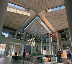 the interior lobby of the Brigham City campus and its first building