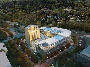 an architectural illustration of USU's Huntsman Hall