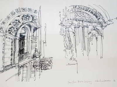 A drawings of the New York Public Library and Jenny Lake in Wyoming