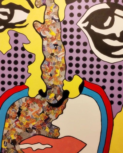 Pop art including abstract faces.