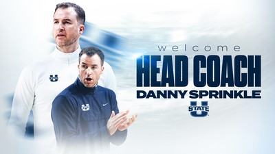 Graphic depicting Danny Sprinkle hired as Utah State University's men's basketball coach