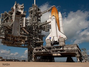 The space shuttle Endeavour on the launch pad