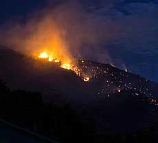 a willdfire buring the mountainside in Willard, Utah