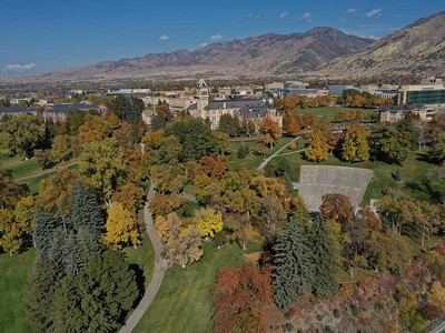 campus aerial, fall leaves