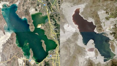 Two side-by-side satellite images show the receding Great Salt Lake.