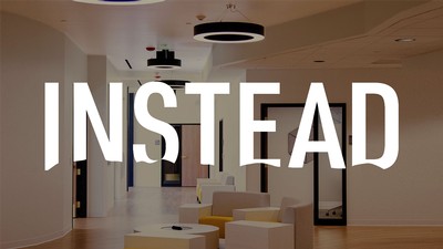 The Instead podcast logo is imposed over a building's lounge area.