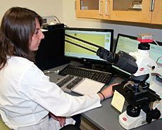 USU student Isabella Muffoletto at microscope