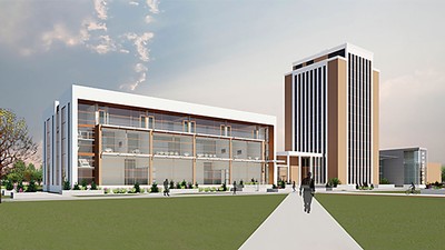 A computer rendering shows a planned building next to the Eccles Business Building.