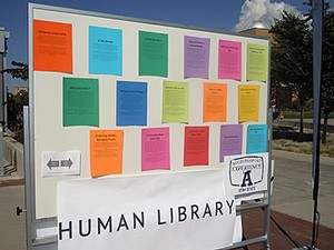 the Human Library sign outside USU's Merrill-Cazier Library