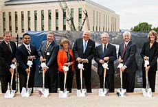 dignitaries with shovels at Huntsman Hall groundbreaking