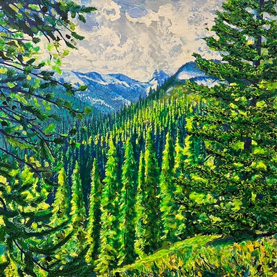 A painting of a mountain range forest with snowcapped peaks.