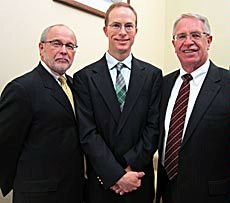 USU Provost Ray Coward, professor Kacob Gunther, USU President Stan Albrecht