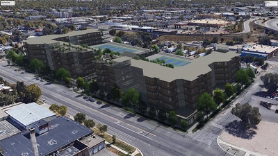A virtual view of The Foundry dropped into a Google Earth view of the proposed development site.
