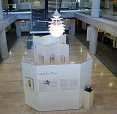 Merrill-Cazier Library atrium with exhibit