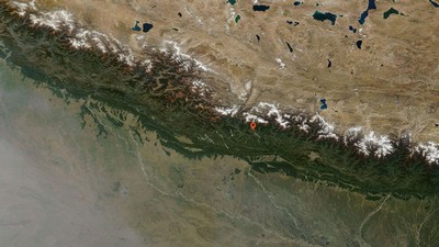 A satellite view of Nepal taken on Oct. 30, 2020, shows less air pollution than the Nov. 7 image.