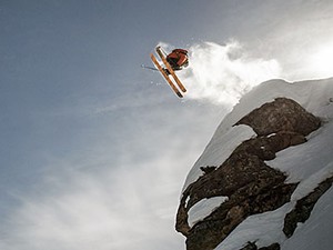A skier jumping in the Paradise Waits documentary