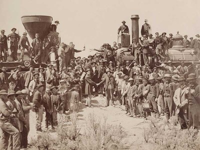 Historical photo of railroad workers at Promontory Point, Utah