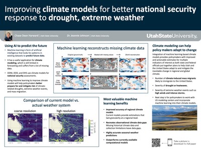 A research poster explains Chase Harward's research on better climate models for national security.