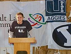 USU student Ryan Reese speaking a state RecycleMania kickoff