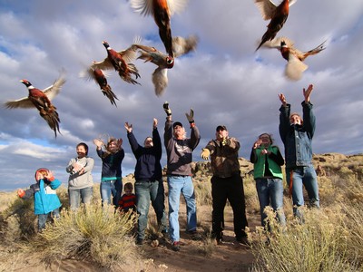 A group of people release birds into the wild in a desert landscape.