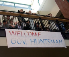 A sign welcomes Gov. Huntsman to Edith Bowen School