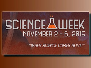 graphic illustration for USU's 2015 Science Week with the text Science Week Nov. 2-6, 2015