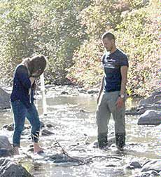 Brian Greene and Ru Mahoney in river with monitoring equipment