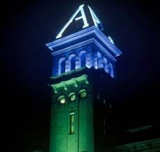 Old Main tower with Aggie Blue Light