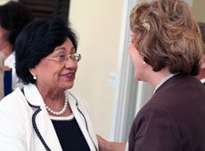 Joyce Albrecht greets Ligia Amada Melo de Cardona