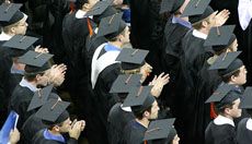 Looking down on a view of graduation caps