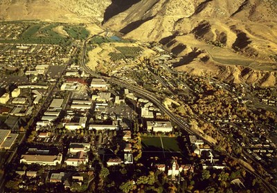 Aerial view of campus and Logan Canyon, 1981.