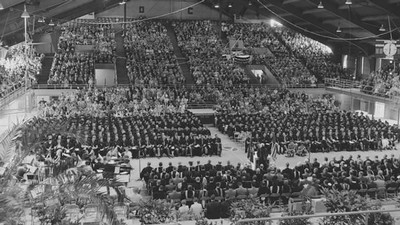 1957 Commencement held in the George Nelson Fieldhouse.