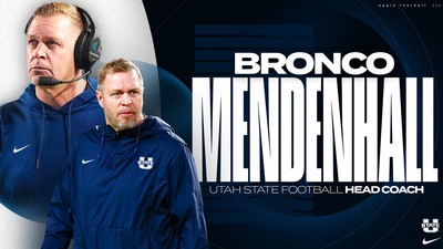 Graphic stating Bronco Mendenhall announced as head coach of the USU Football team.