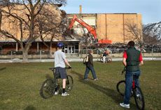 students watch library demolition