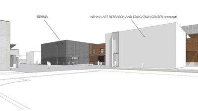 A concept rendering shows two rectangular buildings.