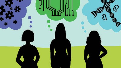 Graphic Banner with three women-shaped shadows thinking about engineering mechanics.