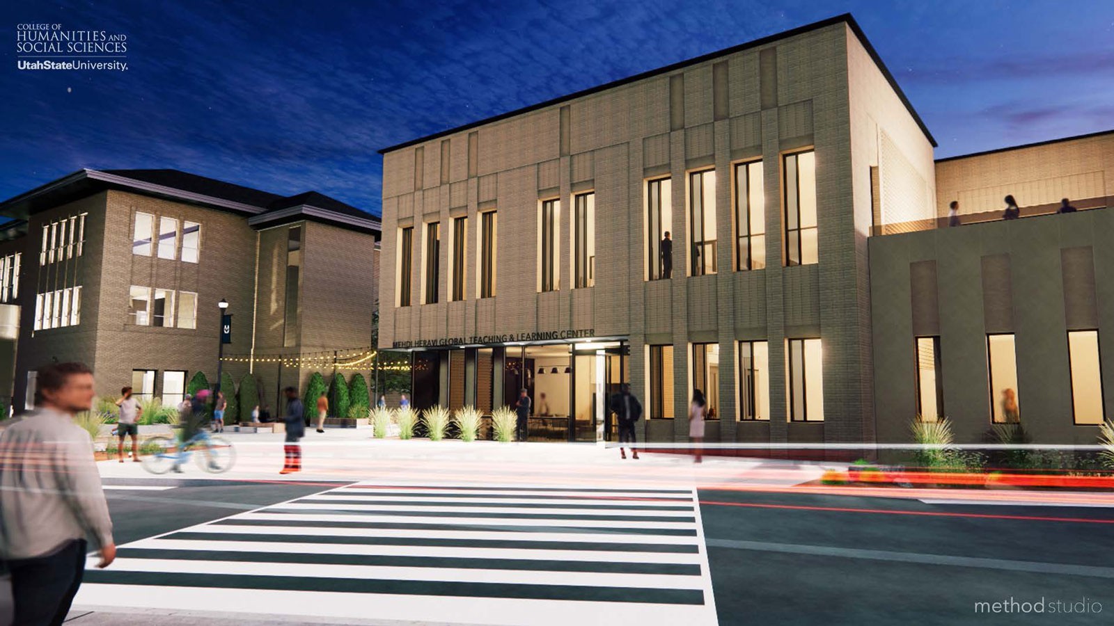 A computer rendering showing a planned building on USU's Quad.
