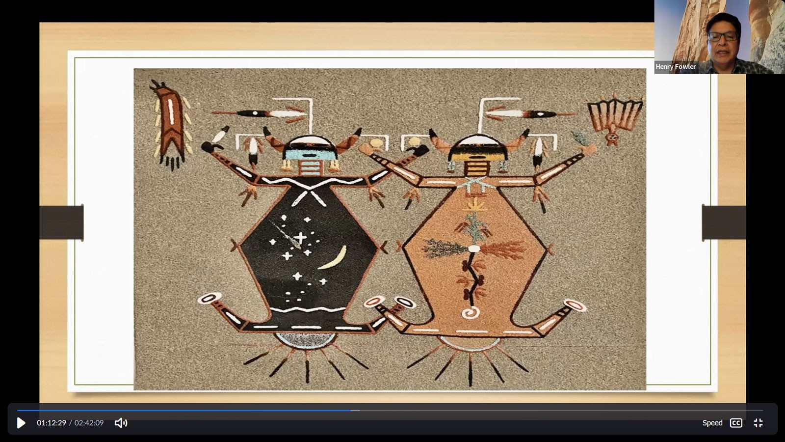 A screenshot of a video conference shows Henry Fowler and Navajo art.