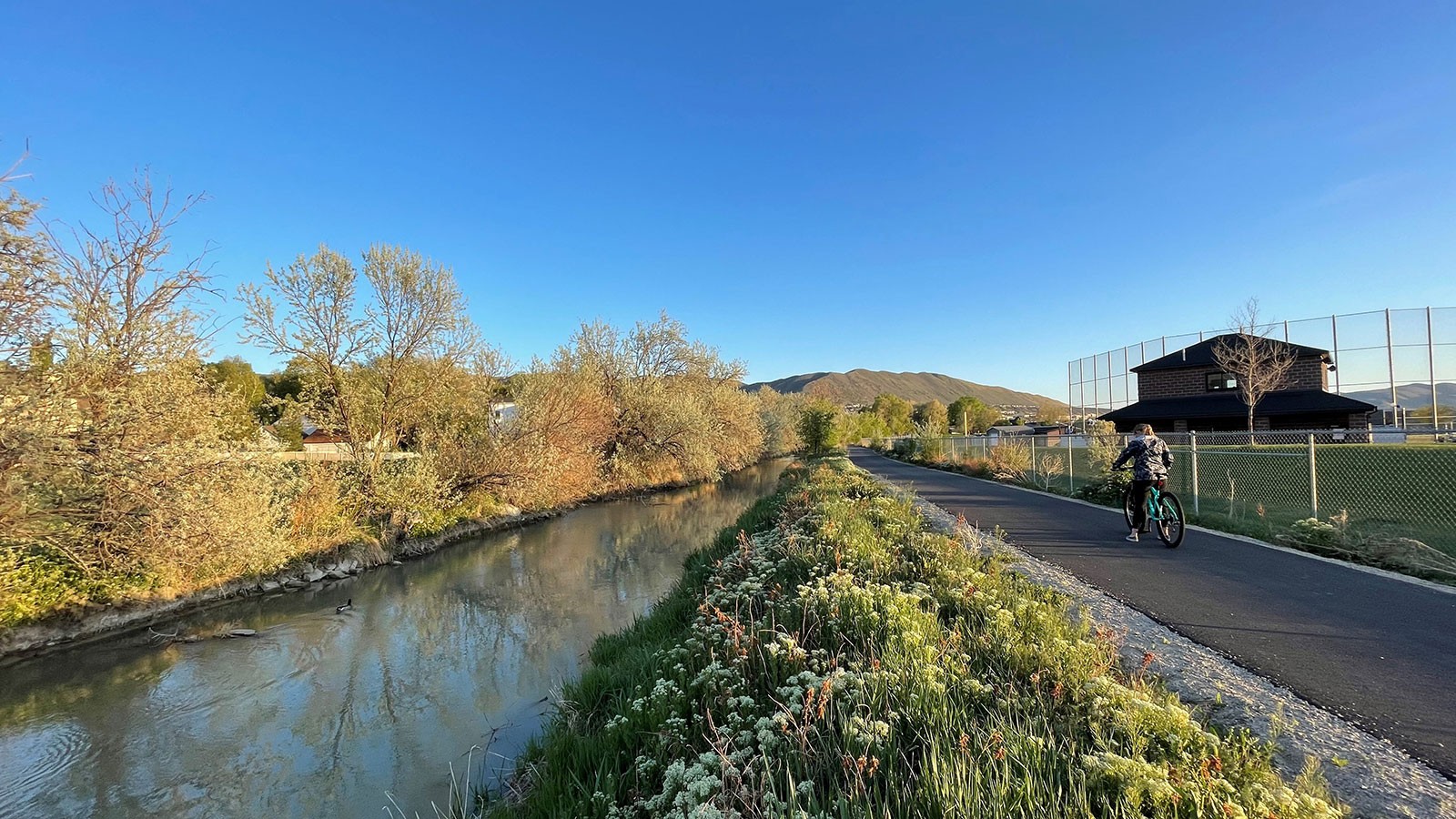 A person rides a bike along a canal trail.