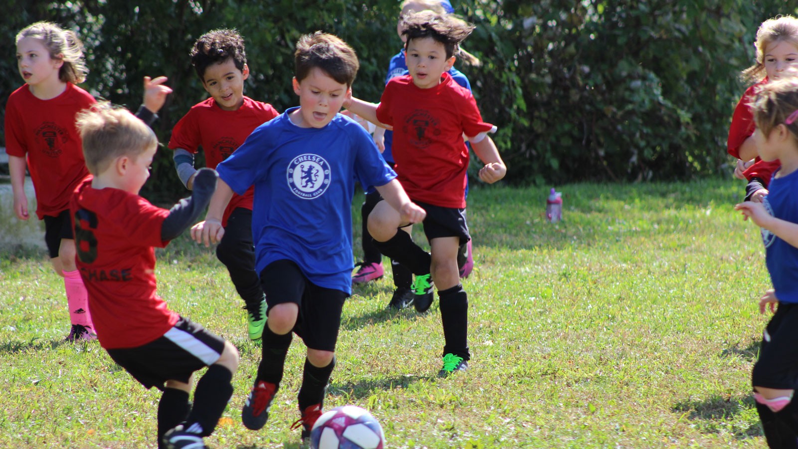 Children in red jerseys and blue jerseys play soccer outdoors.